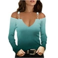 thumbnail image 1 of WREESH Womens Fashion Off The Shoulder Tops Slim V Neck Casual Gradient Color T-Shirts Long Sleeve Pullover Blouse Tops Olive Green, 1 of 5
