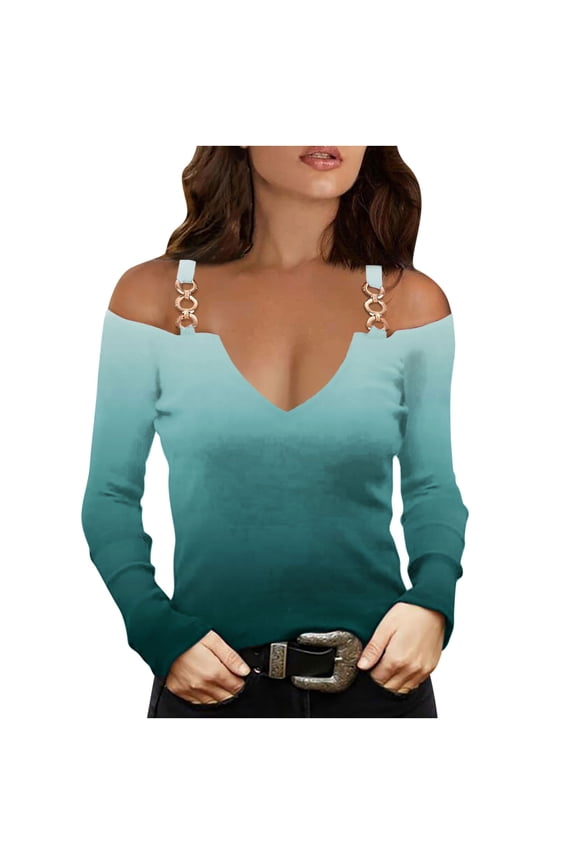 Womens Fashion Off The Shoulder Tops Slim V Neck Casual Gradient Color T-Shirts Long Sleeve Pullover Blouse Tops Olive Green