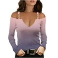 thumbnail image 1 of WREESH Womens Fashion Off The Shoulder Tops Slim V Neck Casual Gradient Color T-Shirts Long Sleeve Pullover Blouse Tops Pink, 1 of 5