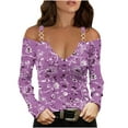 thumbnail image 1 of WREESH Womens Fashion Off The Shoulder Tops Slim V Neck Casual Patchwork Color Printing T-Shirts Long Sleeve Pullover Blouse Tops Purple, 1 of 5