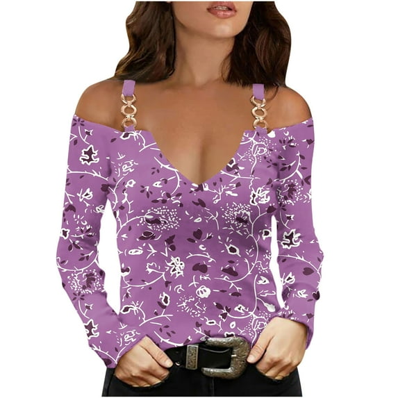 WREESH Womens Fashion Off The Shoulder Tops Slim V Neck Casual Patchwork Color Printing T-Shirts Long Sleeve Pullover Blouse Tops Purple