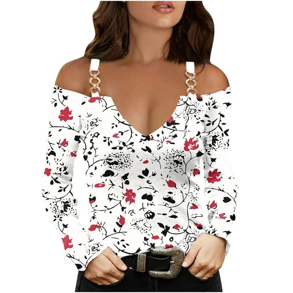 WREESH Womens Fashion Off The Shoulder Tops Slim V Neck Casual Patchwork Color Printing T-Shirts Long Sleeve Pullover Blouse Tops White