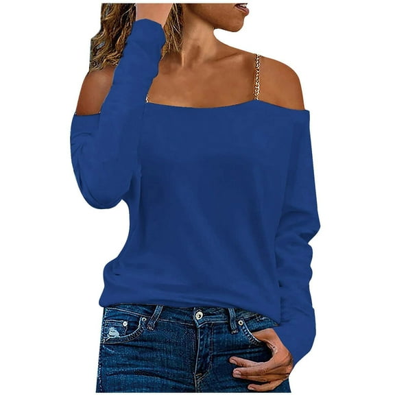 WREESH Womens Fashion Off The Shoulder Tops Solid Color Off-The-Shoulder Long Sleeve T-Shirt Blouse Cold Shoulder Tops Blue