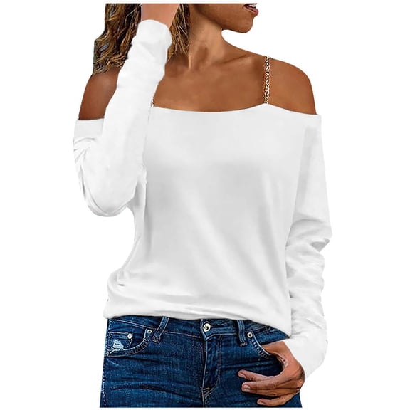 WREESH Womens Fashion Off The Shoulder Tops Solid Color Off-The-Shoulder Long Sleeve T-Shirt Blouse Cold Shoulder Tops White