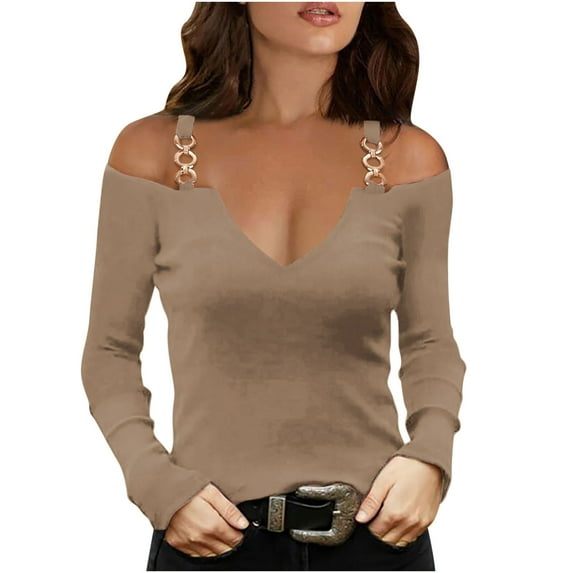 WREESH Womens Fashion Off The Shoulder Tops Solid Color Slim V Neck Casual T-Shirts Long Sleeve Pullover Blouse Tops Khaki