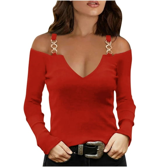 WREESH Womens Fashion Off The Shoulder Tops Solid Color Slim V Neck Casual T-Shirts Long Sleeve Pullover Blouse Tops Red