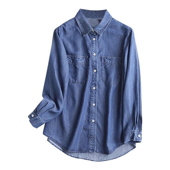WREESH Womens Fashion Oversized Button Down Denim Shirt Lapel Solid Color Long Sleeve Tops Button Pocket Turndown Collar Tops Shirt Dark Blue