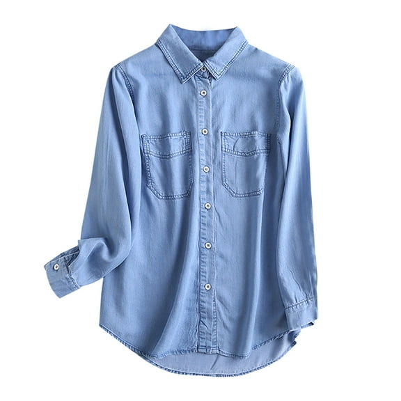 WREESH Womens Fashion Oversized Button Down Denim Shirt Lapel Solid Color Long Sleeve Tops Button Pocket Turndown Collar Tops Shirt Light Blue