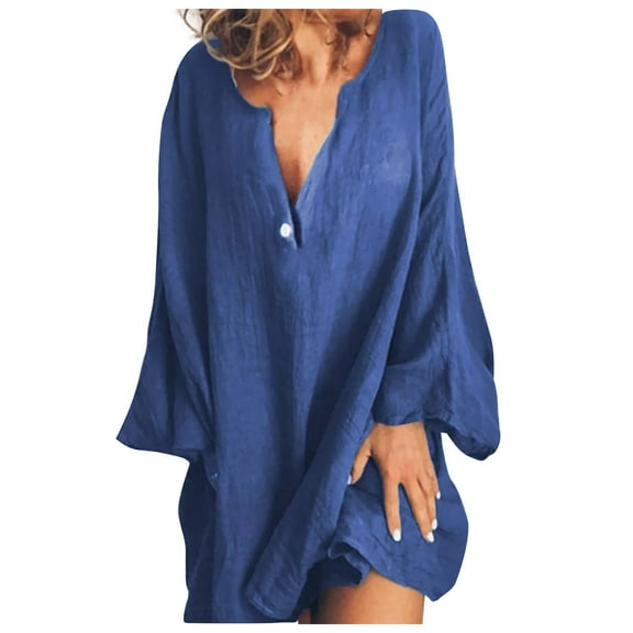 WREESH Womens Fashion Plus Size Tops Solid Color Cotton Linen Shirt Summer Casual Soild V-Neck Loose Long Sleeve T-Shirt Tops Blouse Pullover Blue