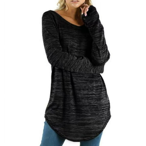 WREESH Womens Fashion Plus Size Tunic Tops Solid Color Long Slim Round Neck Long Sleeve T-Shirt Tops Pullover Black