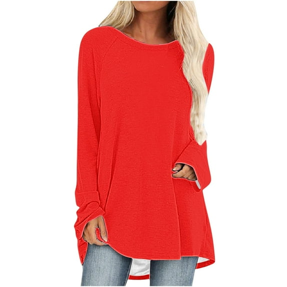 WREESH Womens Fashion Plus Size Tunic Tops Solid Color T-Shirt Long Sleeves Blouse Round Neck Casual Tops Pullover Red