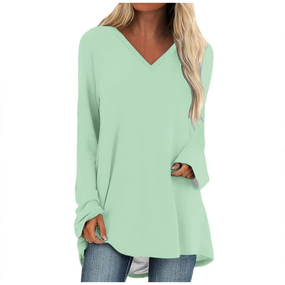 WREESH Womens Fashion Plus Size Tunic Tops Solid Color T-Shirt Long Sleeves Blouse V-Neck Casual Tops Pullover Mint Green