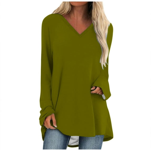 WREESH Womens Fashion Plus Size Tunic Tops Solid Color T-Shirt Long Sleeves Blouse V-Neck Casual Tops Pullover Olive Green