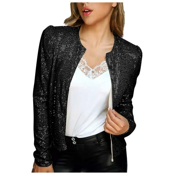 WREESH Womens Fashion Sequin Jacket Long Sleeve Open Front Cropped Blazer Glitter Jackets Black