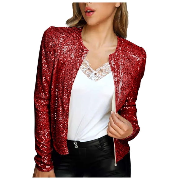WREESH Womens Fashion Sequin Jacket Long Sleeve Open Front Cropped Blazer Glitter Jackets Red
