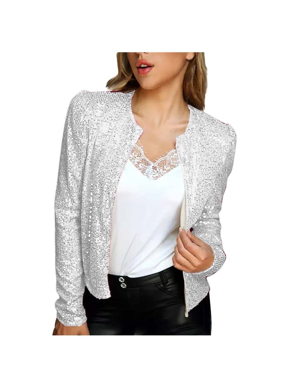 Womens Fashion Sequin Jacket Open Front Cropped Blazer Glitter Jackets Long Sleeve Outerwear Beige