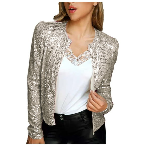 WREESH Womens Fashion Sequin Jacket Open Front Cropped Blazer Glitter Jackets Long Sleeve Outerwear Gold