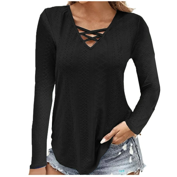 WREESH Womens Fashion Slim Blouses Lightweight Breathable Shirts V Neck Solid Color Pullover Long Sleeve Tops Button Casual T-Shirt Top Blouse Black