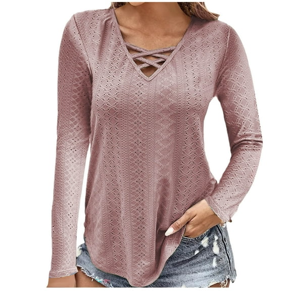 WREESH Womens Fashion Slim Blouses Lightweight Breathable Shirts V Neck Solid Color Pullover Long Sleeve Tops Button Casual T-Shirt Top Blouse Pink