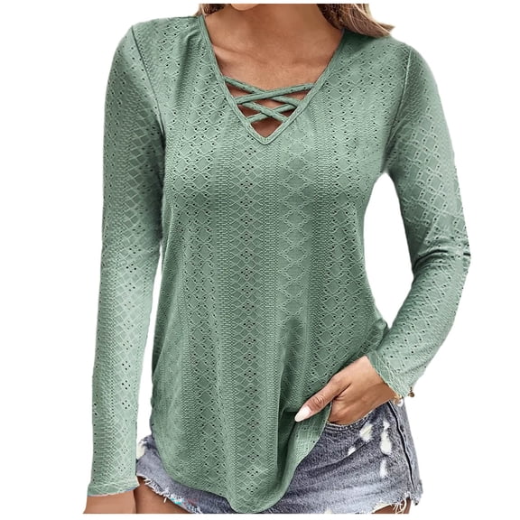 WREESH Womens Fashion Slim Blouses Lightweight Breathable Shirts V Neck Solid Color Pullover Long Sleeve Tops Button Casual T-Shirt Top Blouse Green