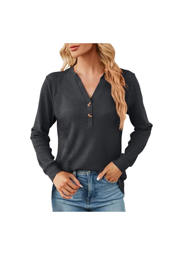 Womens Fashion Slim Blouses V Neck Solid Color Pullover Long Sleeve Tops Colored Textured Fallow Tops Tops Blouse Dark Gray