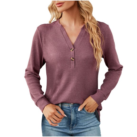 WREESH Womens Fashion Slim Blouses V Neck Solid Color Pullover Long Sleeve Tops Colored Textured Fallow Tops Tops Blouse Red