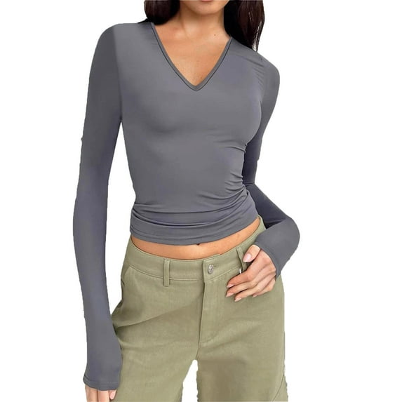 WREESH Womens Fashion Slim Crop Tops Shirts V Neck Solid Color Pullover Long Sleeve Tops Neck Knitting Tshirt Slim Blouse Tops Gray