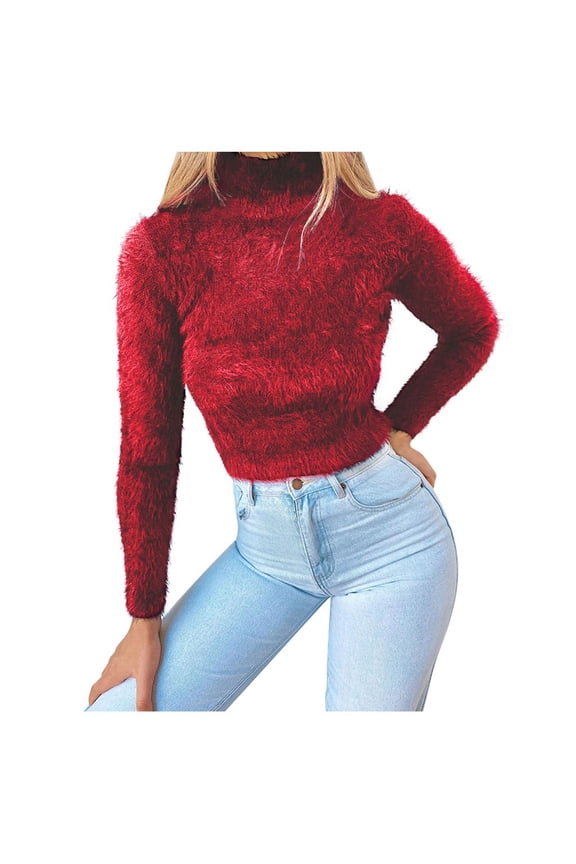 Womens Fashion Slim Sweaters Fuzzy Turtleneck Sweater Solid Color Pullover Long Sleeve Tops Casual Turtleneck Sweater Pullover Top Slim Blouse Red