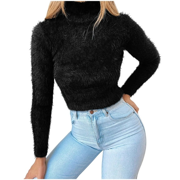 WREESH Womens Fashion Slim Sweaters Fuzzy Turtleneck Sweater Solid Color Pullover Long Sleeve Tops Casual Turtleneck Sweater Pullover Top Slim Blouse Black