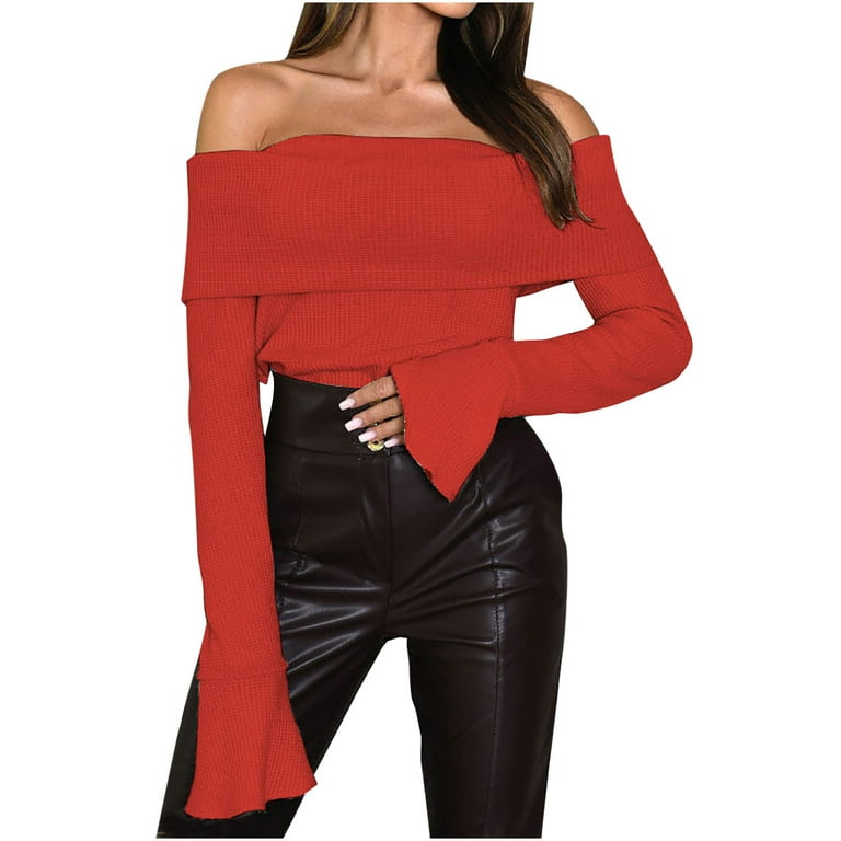 Knit Long Sleeve O-Leather Off Shoulder Knit Sweater Knit Long Sleeve O-Leather Off Shoulder Knit Sweater
