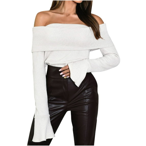 WREESH Womens Fashion Slim Sweaters Off The Shoulder Sweater Solid Color Pullover Off The Shoulder Sweater Long Sleeve Tops Sweater Spicy Girl One Line Neck Knit White