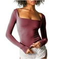 thumbnail image 1 of WREESH Womens Fashion Slim T-Shirts Square Neckline Solid Color Pullover Long Sleeve Tops Able Navel Exposed Neck T-Shirt Top Brown, 1 of 6