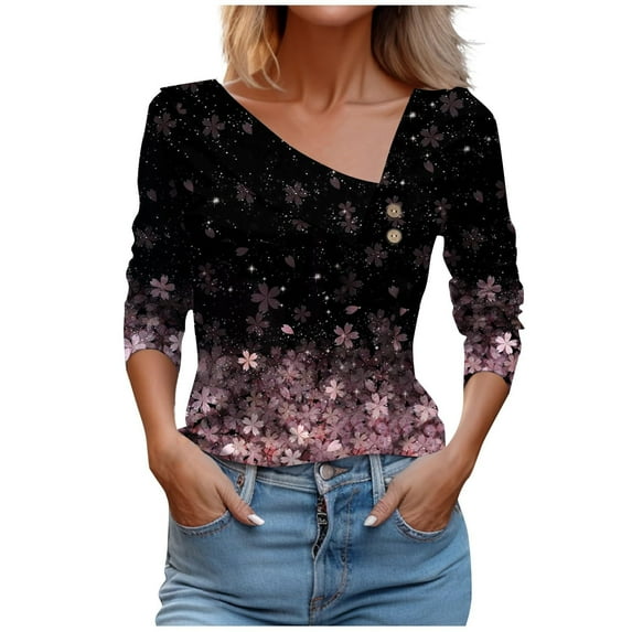 WREESH Womens Fashion Slim T-Shirts V Neck Print Pullover 3/4 Length Sleeve Tops Casual Button-Up Blouse T-Shirt Tops Blouse Black