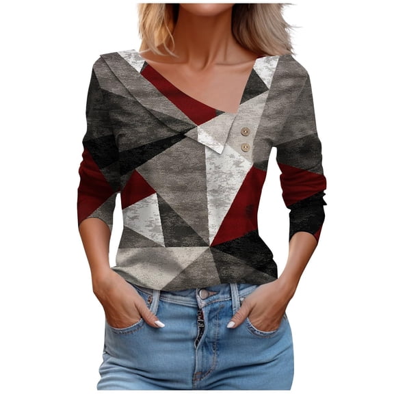 WREESH Womens Fashion Slim T-Shirts V Neck Print Pullover Button 3/4 Length Sleeve Tops Casual Button-Up Blouse T-Shirt Tops Blouse Black