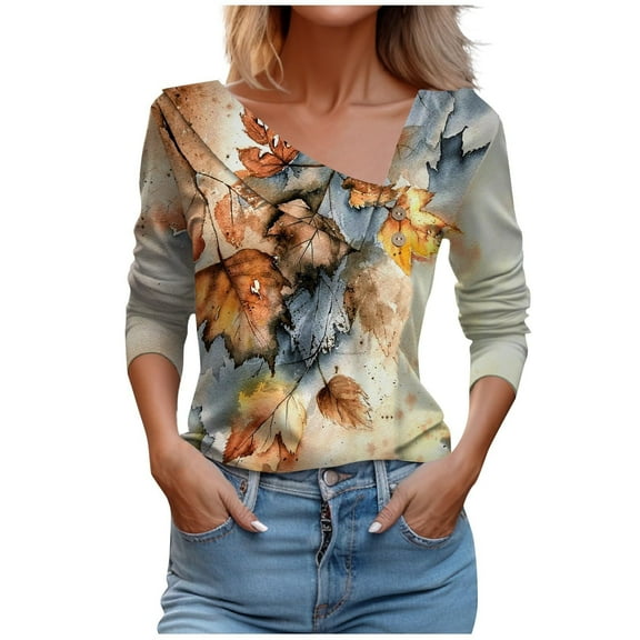 WREESH Womens Fashion Slim T-Shirts V Neck Print Pullover Button 3/4 Length Sleeve Tops Casual Button-Up Blouse T-Shirt Tops Blouse Blue