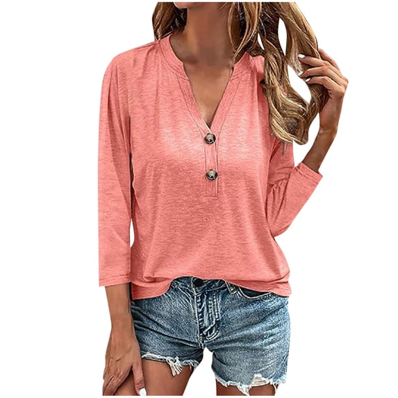 WREESH Womens Fashion Slim T-Shirts V Neck Solid Color Pullover Button Henley Long Sleeve Tops Button Casual T-Shirt Top Shirt Blouse Pink