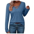 thumbnail image 1 of WREESH Womens Fashion Slim T-Shirts V Neck Solid Color Pullover Long Sleeve Tops Keeping Warm Outing Tops Blouse Blue, 1 of 7