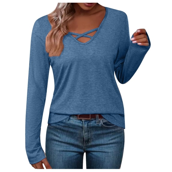 WREESH Womens Fashion Slim T-Shirts V Neck Solid Color Pullover Long Sleeve Tops Keeping Warm Outing Tops Blouse Blue
