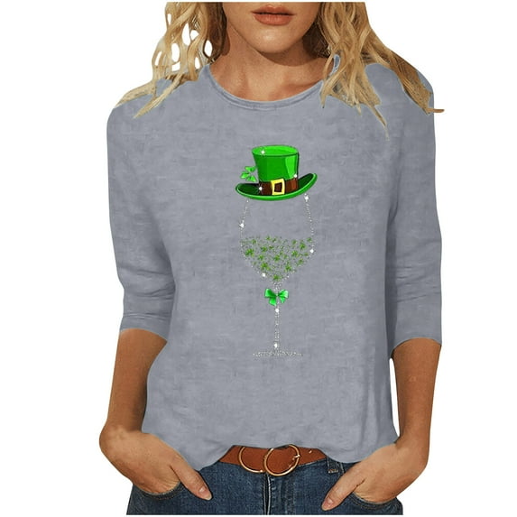WREESH Womens Fashion St. Patrick's Day Shirt Loose Fit 3/4 Sleeve Tops Crewneck T-Shirt Shamrocks Printed Graphic Tees Casual Pullover Blouses Gray