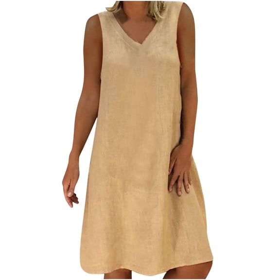 WREESH Womens Fashion Summer Cotton Linen Dress Solid Color Sleeveless V Neck Dress Loose Casual Tank Dresses Khaki