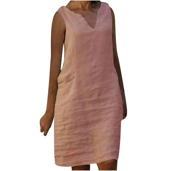WREESH Womens Fashion Summer Dress Casual Plus Size V-Neck Dress Solid Color Sleeveless Linen Dress Pink
