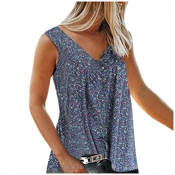 WREESH Womens Fashion Summer Tank Tops Loose Fit Pleated Sleeveless V Neck Shirts Casual Floral Flowy Tunic Blouse Dark Blue