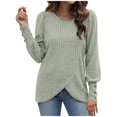 thumbnail image 1 of WREESH Womens Fashion Sweater Round-Neck Puff Long Sleeve Loose Solid Color Blouse Pullover Fall Tops 2024 Green, 1 of 7