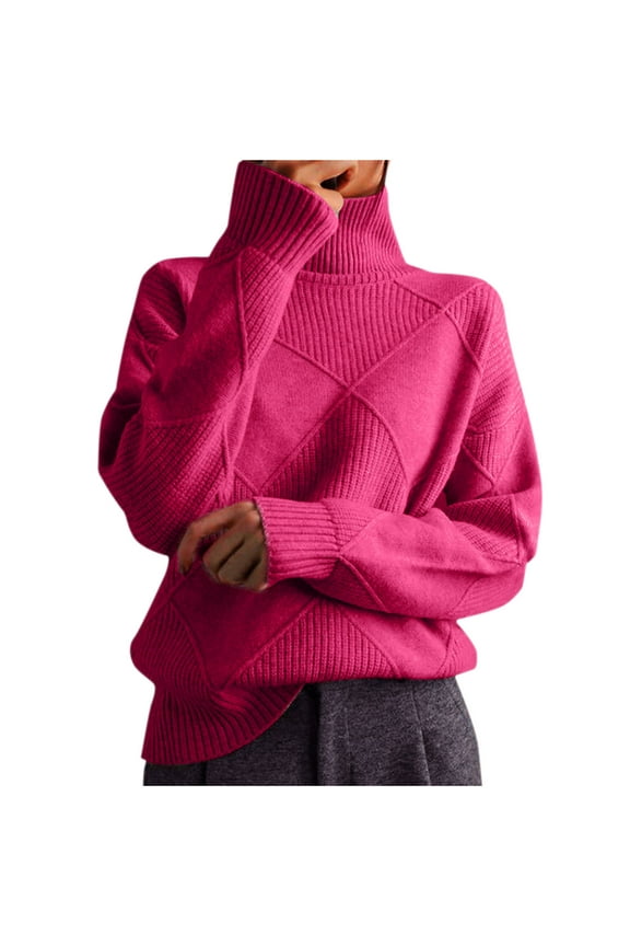 Womens Fashion Sweaters Turtleneck Sweater Solid Color Pullover Regular Fit Long Sleeve Tops Casual High Neck Pullover Top Hot Pink