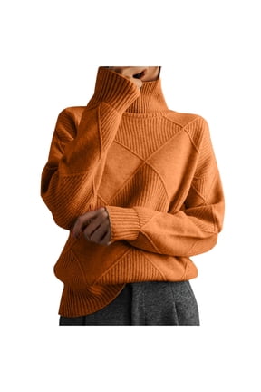 Womens Fashion Sweaters Turtleneck Sweater Solid Color Pullover Regular Fit Long Sleeve Tops Casual High Neck Pullover Top Orange