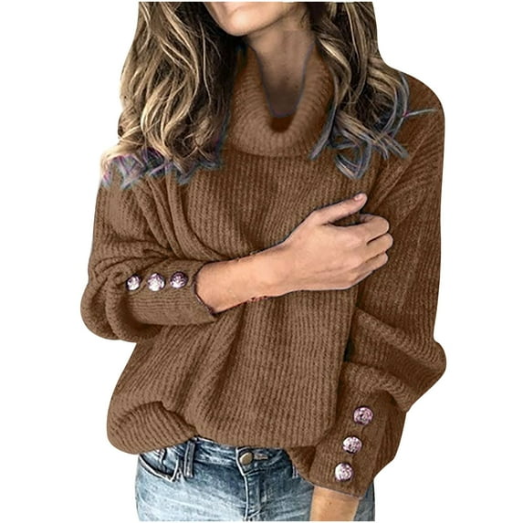WREESH Womens Fashion Sweaters Turtleneck Sweater Solid Color Pullover Regular Fit Long Sleeve Tops Stitching Turtleneck Top Casual Loose Knitted Sweaters Blouse Coffee