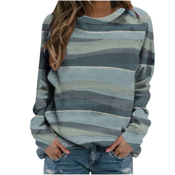 WREESH Womens Fashion Sweatshirt Casual Crewneck Sweatshirt Print Pullover Loose Fit Long Sleeve Tops Round-Neck Pullover Tops Comfortable Blouse Sweatshirt Sky Blue