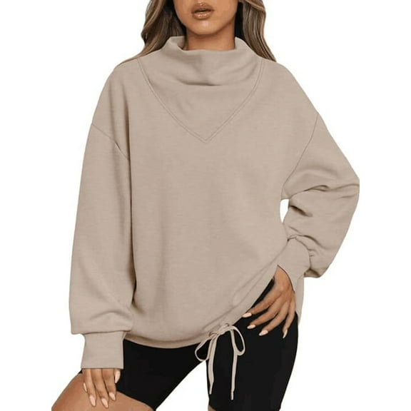 WREESH Womens Fashion Sweatshirt Casual Turtleneck Solid Color Pullover Loose Fit Long Sleeve Tops Turtleneck Comfortable Breathable Shirt Tops Khaki