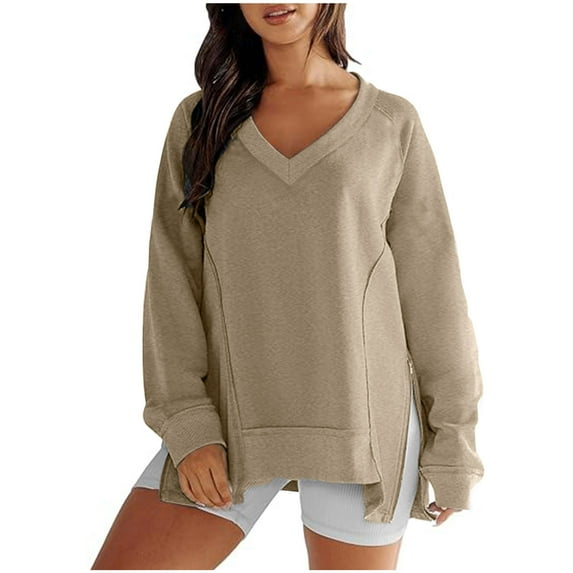 WREESH Womens Fashion Sweatshirt Casual V Neck Solid Color Pullover Long Sleeve Tops Fall Oversized Sweatshirts Fleece Casual Pullover Sweaters Outfits Sweatshirt Khaki