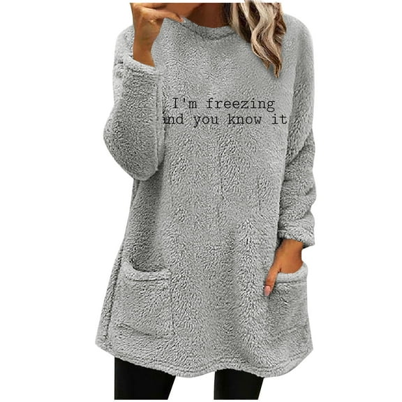 WREESH Womens Fashion Sweatshirt Fuzzy Fleece Crewneck Sweatshirt Print Pullover Plus Size Long Sleeve Tops Round- Neck And Winter Loose Pocket Warm Blouse Tops Gray